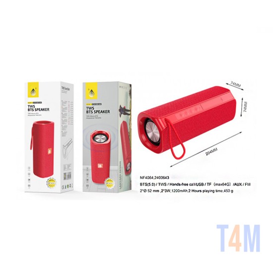 COLUNA BLUETOOTH NF4064 ONEPLUS AUXILIARY INPUT, MICROSD, HANDS-FREE FUNCTION, FM, TWS, USB VERMELHO